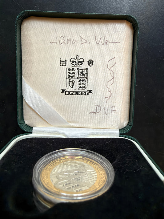 2003 British £2 DNA Double Helix Coin Royal Mint Case Signed James Watson + Sketch