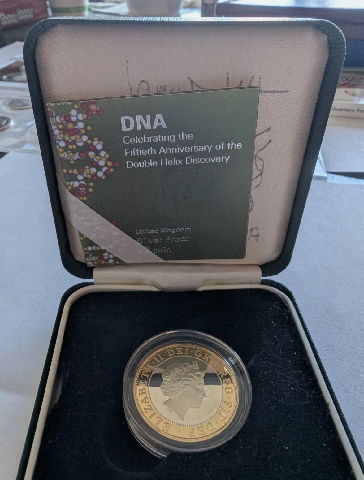 2003 British £2 DNA Double Helix Coin Royal Mint Case Signed James Watson + Sketch