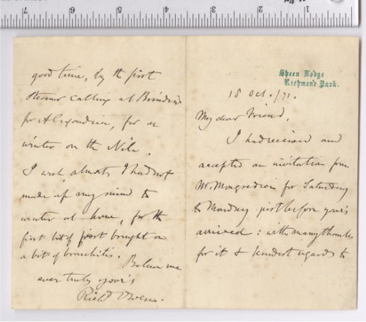 Sir Richard Owen Letter to Friend