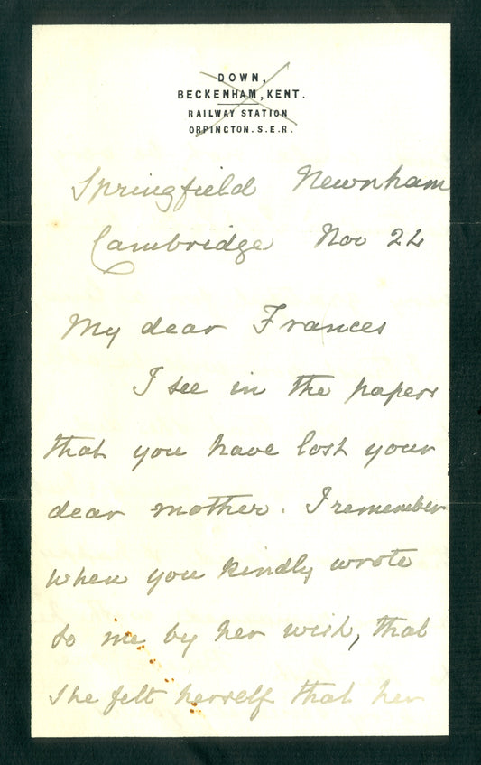 Autographed Letter by Emma Darwin Wife of Charles Darwin