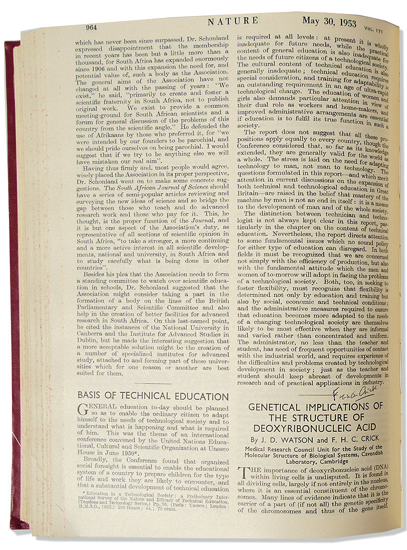 Francis Crick Twice-Signed Copy of ''Nature'' from 1953, the First Offprint of His Articles Announcing the Discovery of DNA