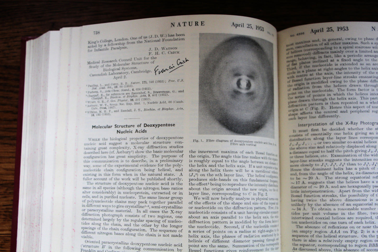 Francis Crick Twice-Signed Copy of ''Nature'' from 1953, the First Offprint of His Articles Announcing the Discovery of DNA