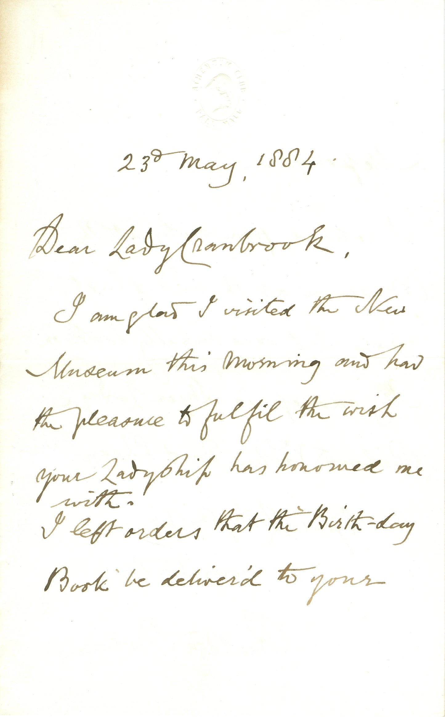 Richard Owen Letter to Lady Cranbrook