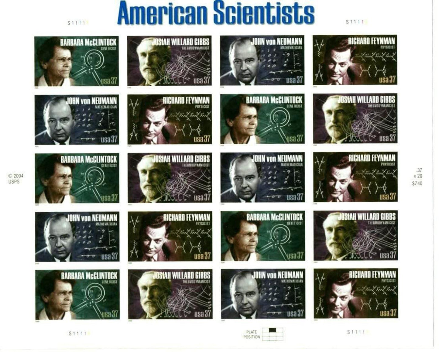 American Scientists Sheet of Twenty 37 Cent Postage Stamps