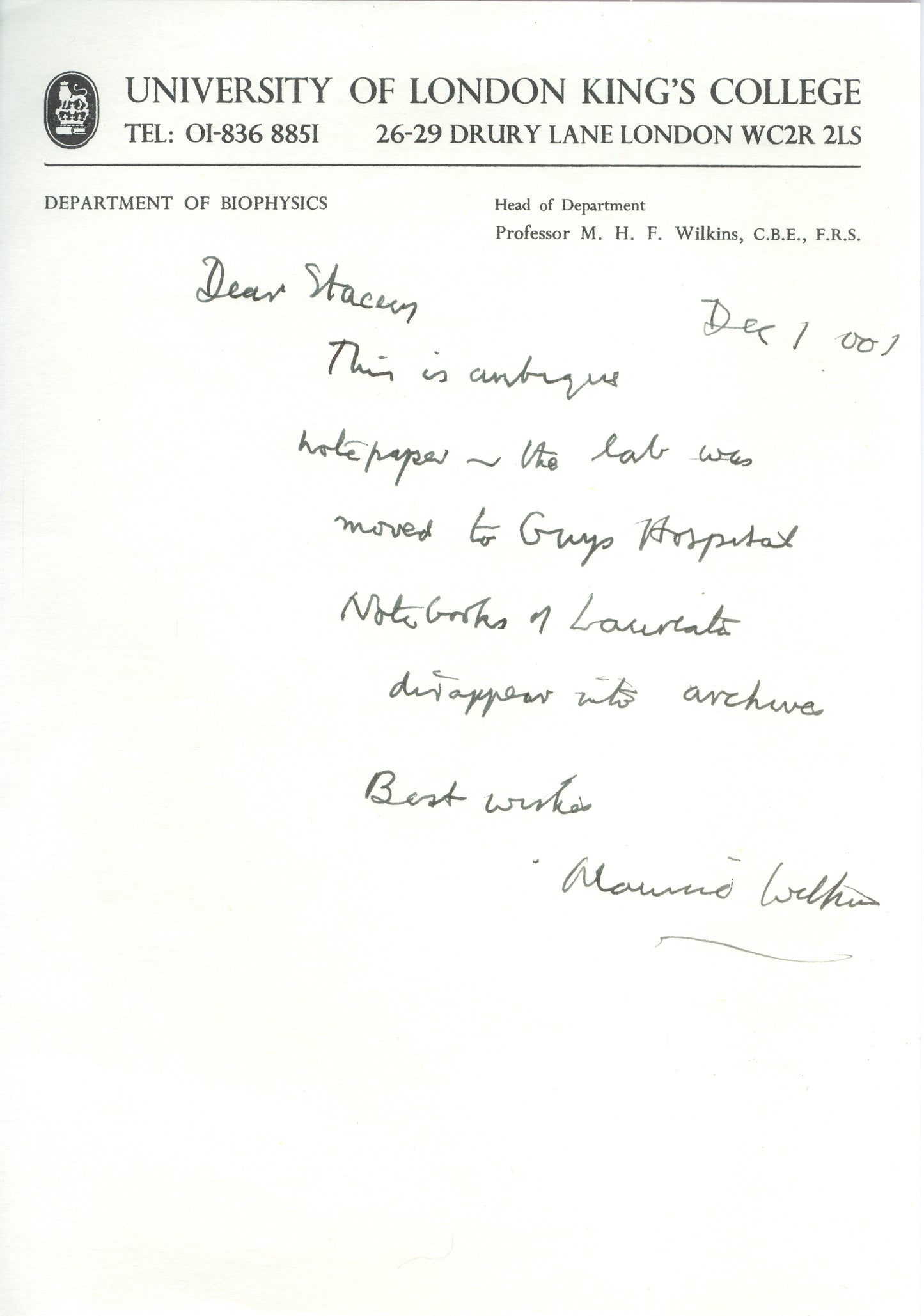 Maurice Wilkins  Signed Letter