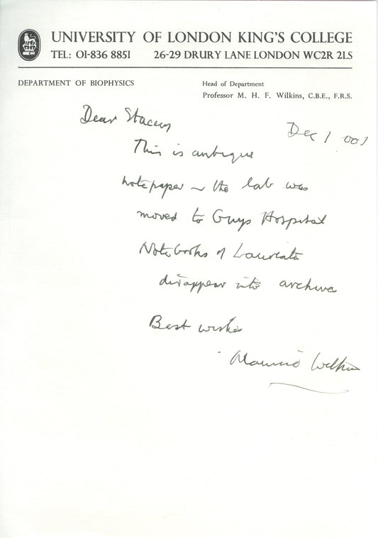 Maurice Wilkins  Signed Letter