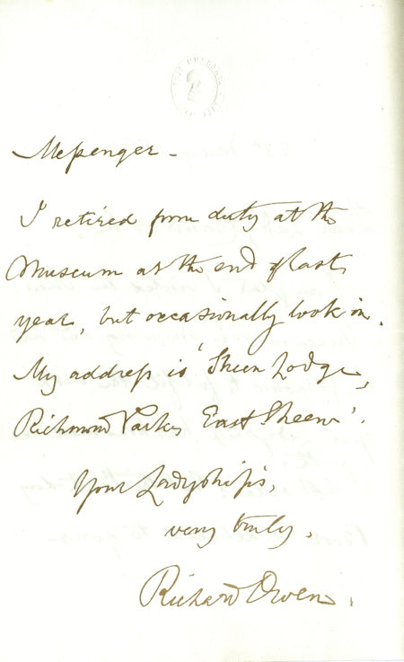 Richard Owen Letter to Lady Cranbrook