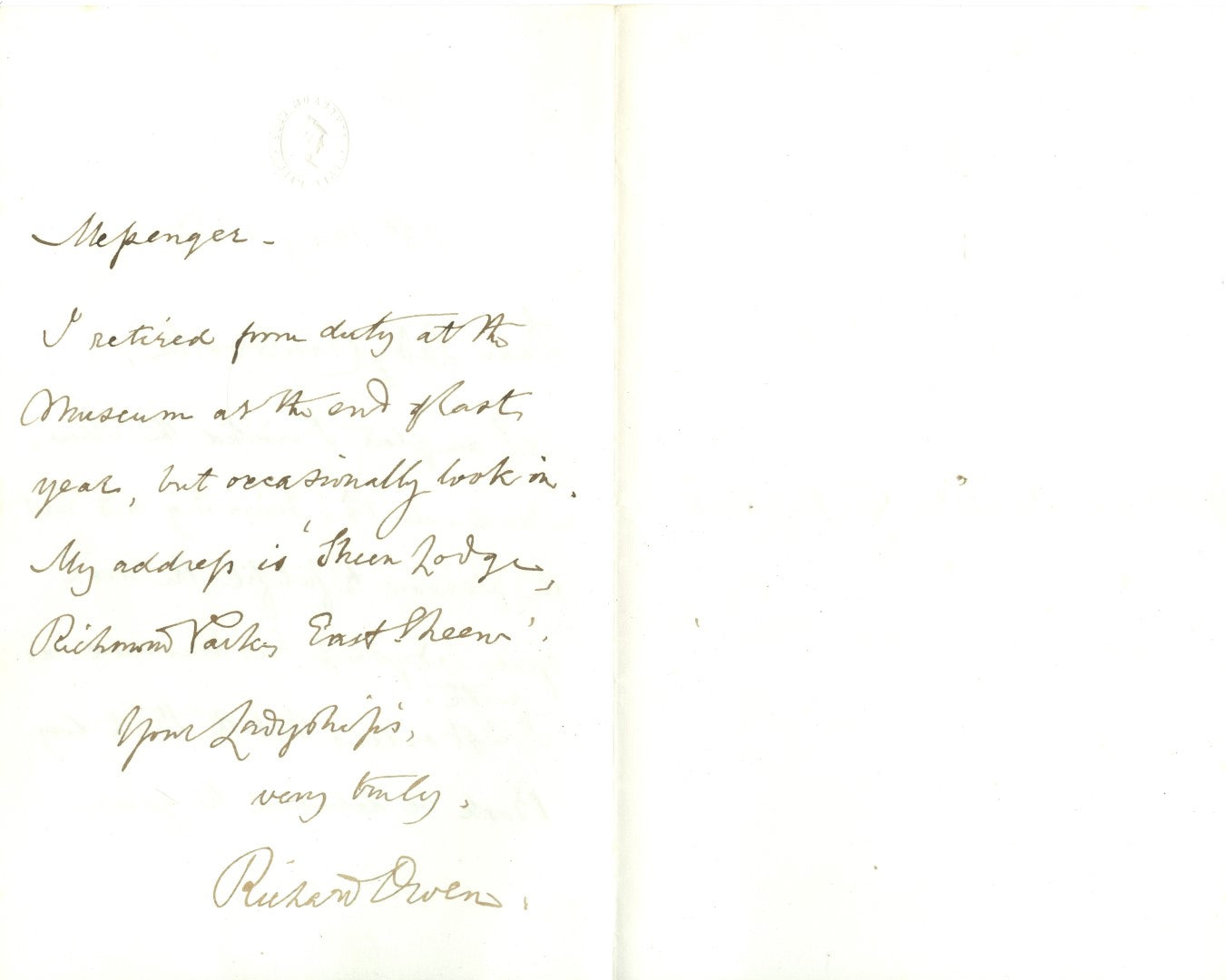 Richard Owen Letter to Lady Cranbrook